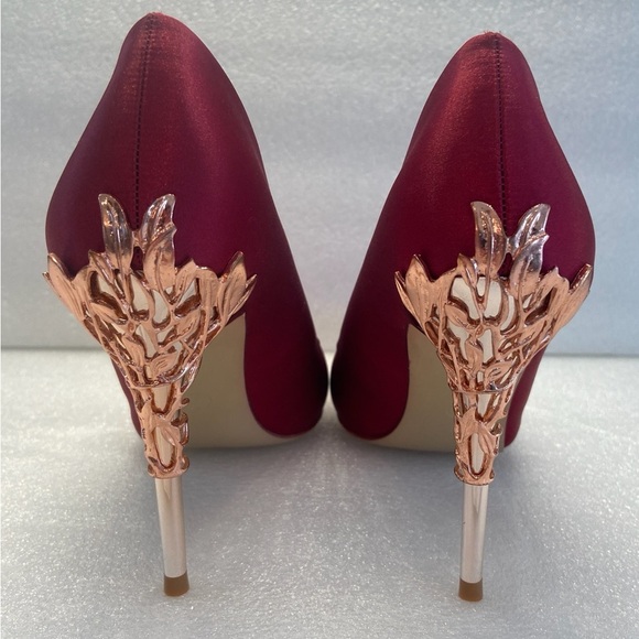 Red Satin Big Tree Heels Pointy Toe with Rose Gold Embellished Heels 👠 Size8.5 - Picture 3 of 9
